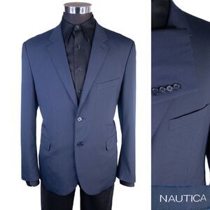 Nautica Blazer 44s Texture Blue Poly Blend Sport Coat Jacket 2 Button EUC